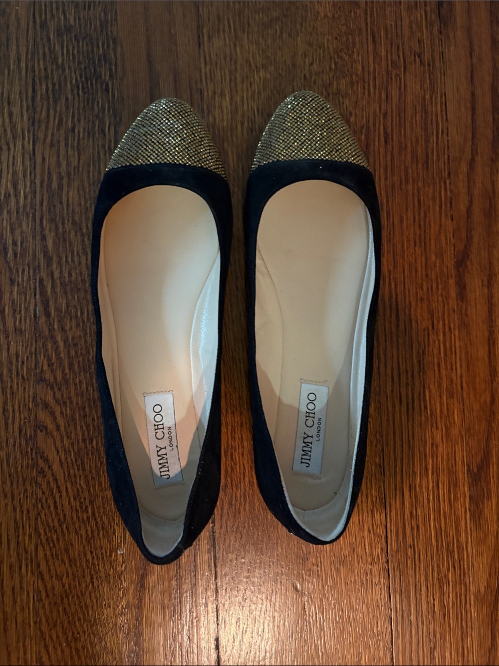 Jimmy Choo Black Suede Flats with Gold Glitter Cap Toe